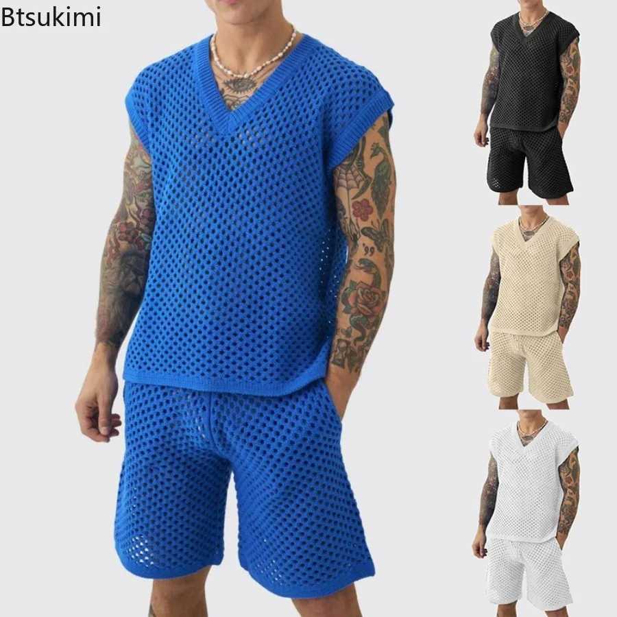 New Men's Summer Casual Knit V Neck Two-piece Sets Fashion Solid Loose Tank Tops and Shorts Sport Suit Men Hollow Out Streetwear T260924