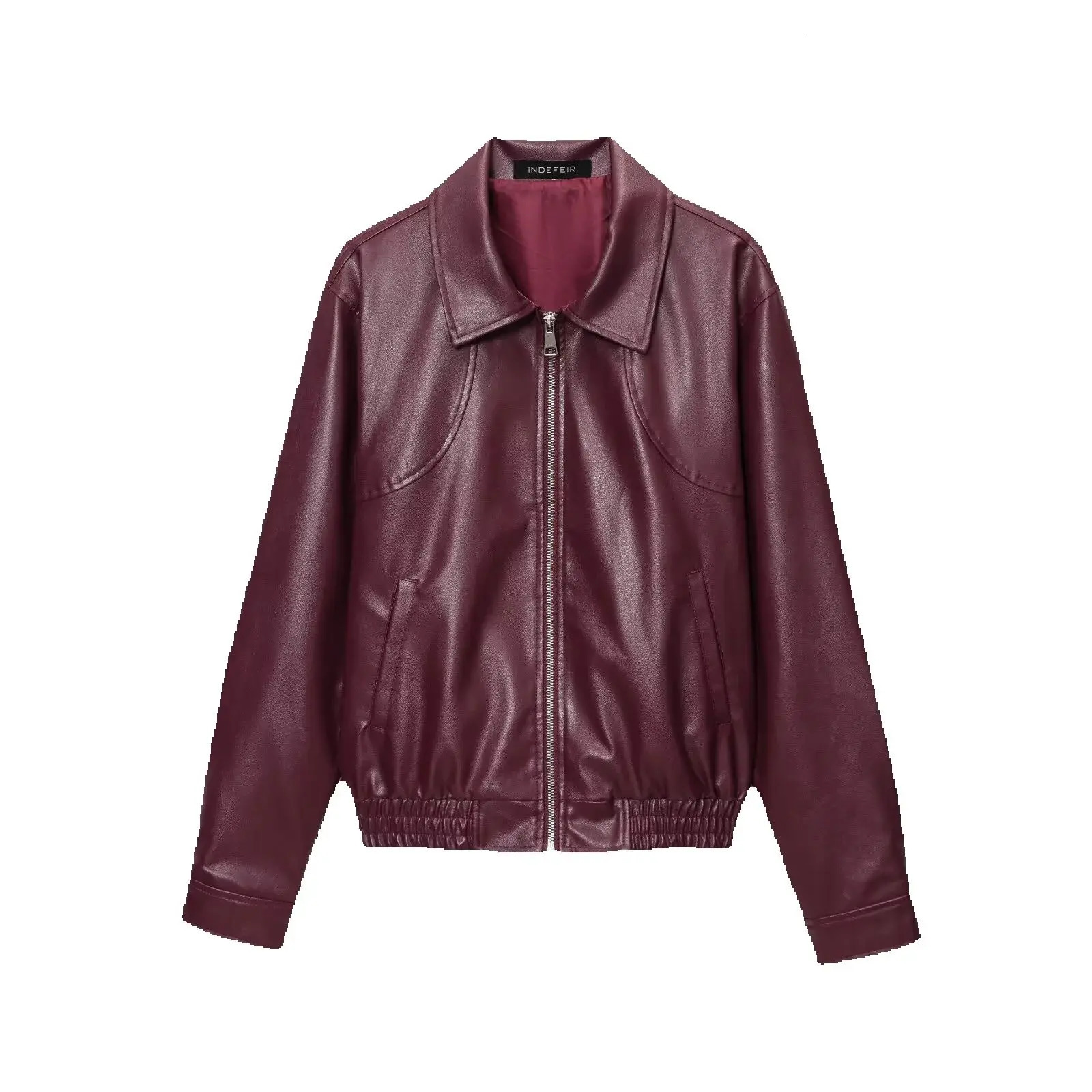 Women's Retro American-Style Faux Leather Jacket with Lapel Simple n for Autumn Wear 260923
