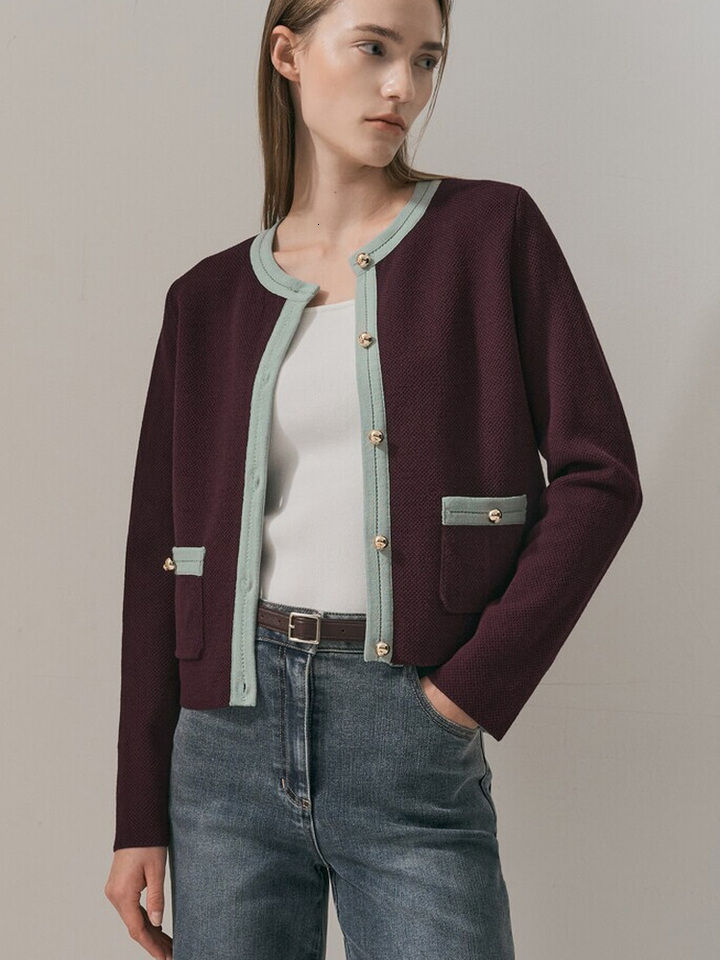 Elegant Knitted Long Sleeve round Neck Open Cardigan Women's Fashion Color Block Style Autumn New Arrival Korean Version