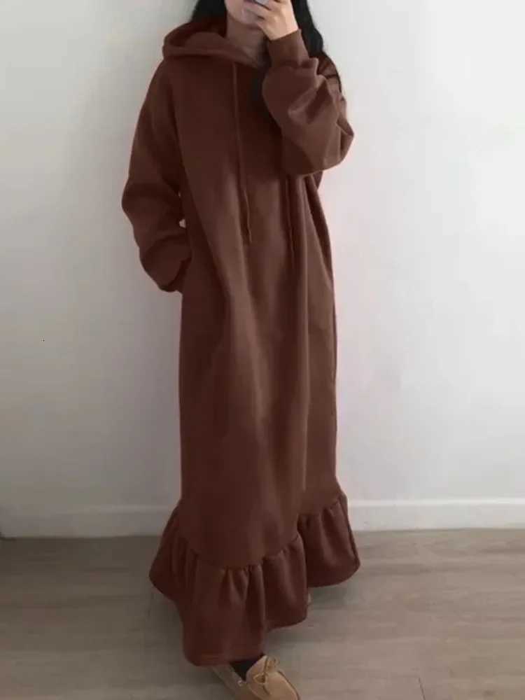 Lounge Women's Sleep 2024 Autumn and Winter New Women's Elegant Loose Long Dress Solid Color Hooded Commuting Style Straight Pocket Long H