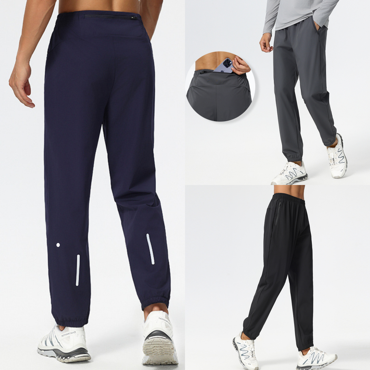 L6623 Pantalon multifonctionnel de course en plein air à jambes fuselées à revers multi-poches pour hommes à séchage rapide