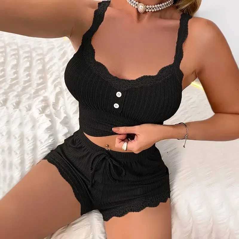 Women's Sleep Lounge Women's 2 Piece Lace Trim Ribbed Pajama Set Summer Sexy Sleepwear Loungewear for Daily Wear S-XXL H260924