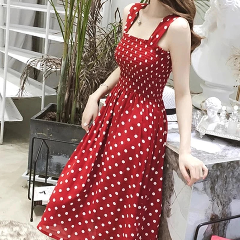 Women Summer Sleeveless Dot Dress Sexy Backless A-Line Spaghetti Strap Beach Style Dresses Camisole Off-Shoulder Folds Vestidos 260922