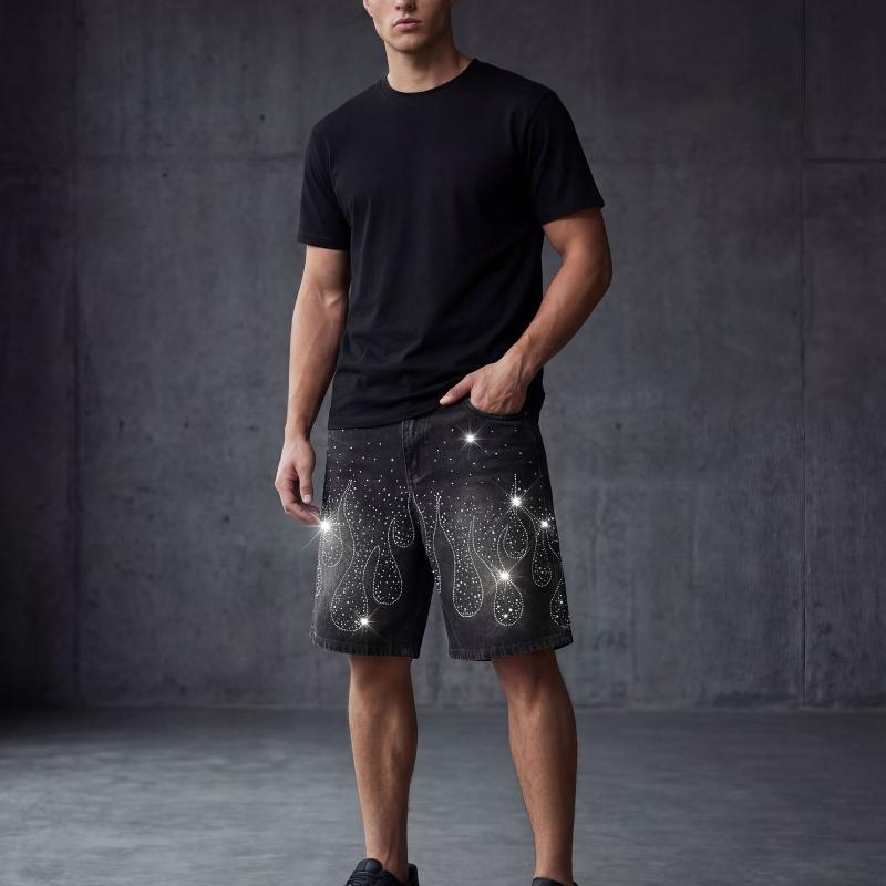 Men Vintage Washed Denim Shorts Rhinestone Flame Pattern Decoration High Waist Button Zip Fly Loose Fit Streetwear Jean Shorts Classic Belt Loops