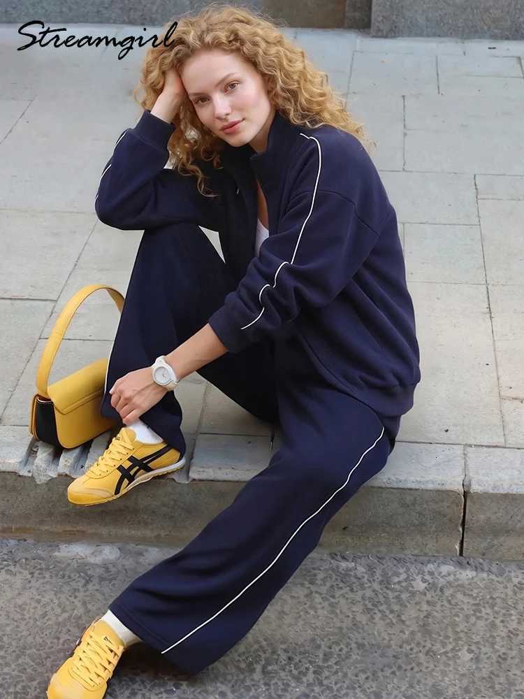 Women's Sleep Lounge Autumn Women Zipper Tracksuit Two Pieces Set Cotton Navy Sweatpants With Stripes Red Sweatshirt Women's Sweatsuit Wit