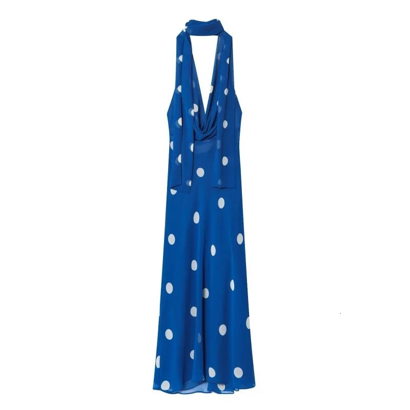 Women's Beach Dress Summer Blue Polka Dot Halter Neck Sash Ankle-Length Slim Fit Vacation Outfit 260922