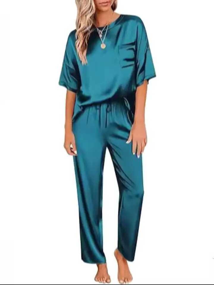 Women's Sleep Lounge Two piece set of women's solid color satin pajamas and home clothes short sleeved pants loose and casual outdoor home