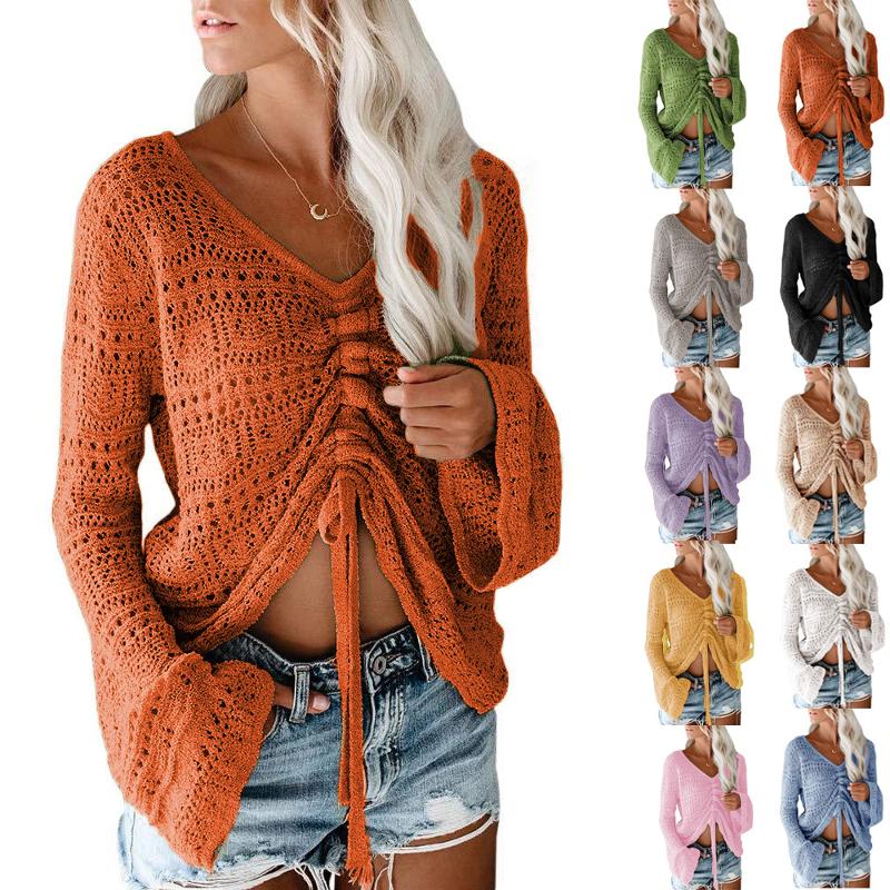 Designer Style Nouvelle Arrivée Haute Qualité Femmes Été Hors Épaule Col En V Pull En Tricot Creux Manches Cloche Cordon De Plage Top Casual Pull