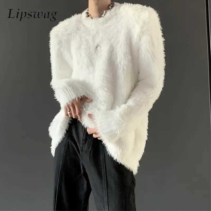 Y2K Men's Sweaters Style Mens Sweaters Furry Loose Long Sleeve Crew Neck Jumper Tops Fall Streetwear Men Fashionable Solid Color Furry Sweater