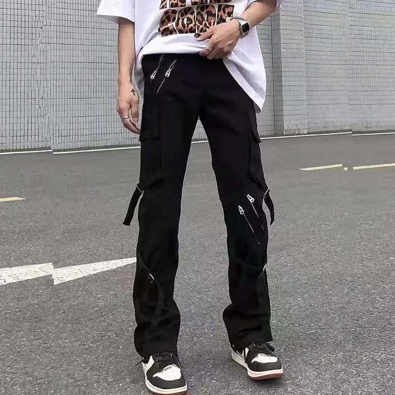 Techwear-ropa de calle Y2K para hombre, pantalones cargo con cremallera de algodón negro, pantalones informales de baile callejero con múltiples bol