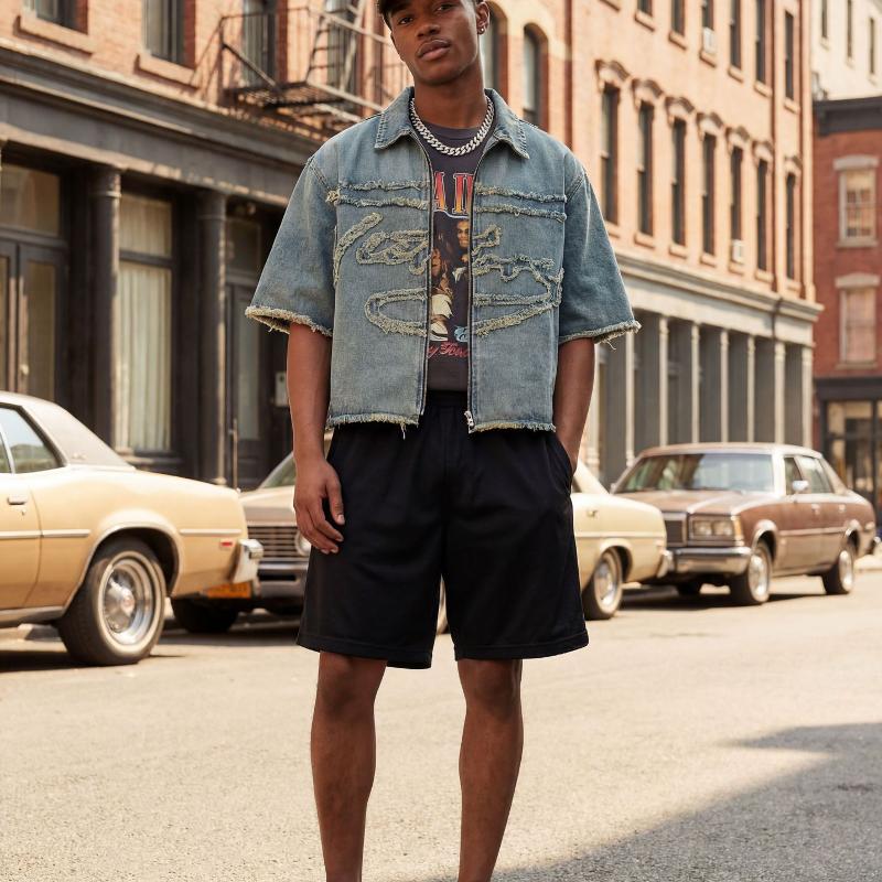 Mens Lapel Zip Front Denim Shacket Vintage Distressed Frayed Hem Short Sleeve Denim Jacket Raw Edge Letter Applique Cropped Streetwear Casual Denim