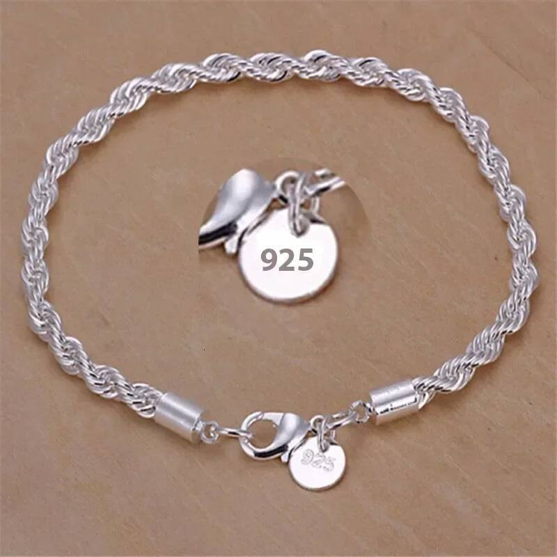925 Sterling Silver Bracelet 4mm20cm Flat Side Chain Lobster Clasp For Woman Man Wedding Engagement Jewelry ddmysat
