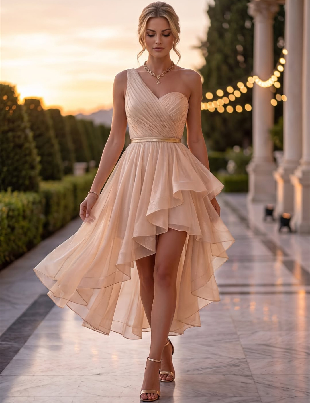 Elegant Short Chiffon Evening Dresses With Ruffles A-Line One Shoulder Zipper Back Pleated Prom Dresses Asymmetrical Length Robe De Soiree Formal Pa