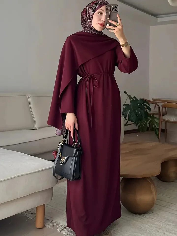 Women's Casual Elegant Muslim Style Solid Color Long Sleeved Lace Up Long Dress Long Skirt 260923