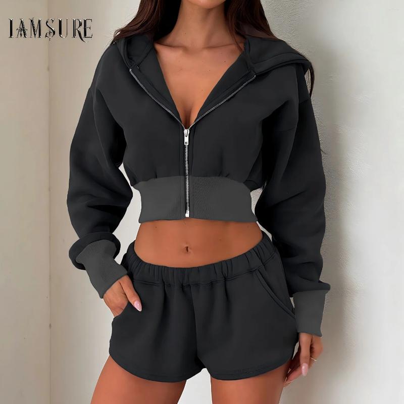 Women's Casual Solid Two Pieces Set Fashion Long Sleeve Zipper- Hooded Tops And Elastic Waist Short Outfits Street Wear 2026