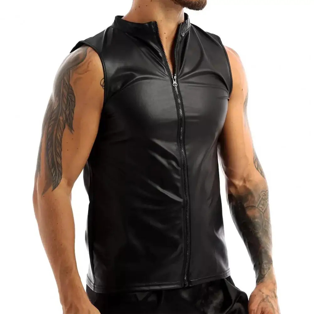 Sleeveless Men Summer Vest Leather Black Slim Zipper Cardigan Solid Color Plus Size Tank Tops Party 260923
