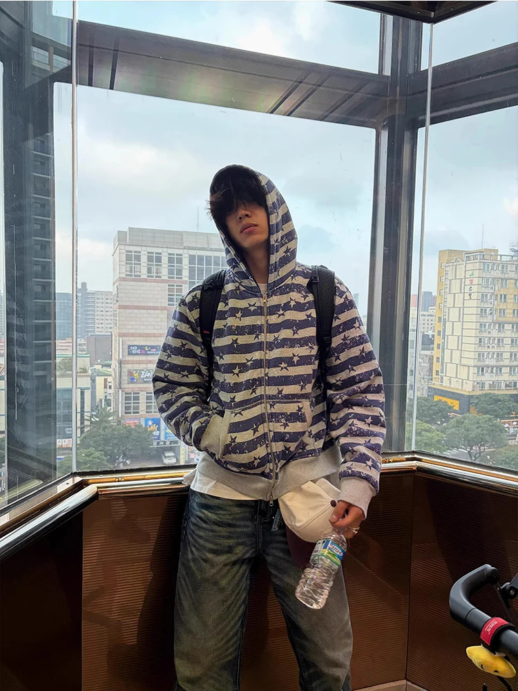 Street Style Retro Striped Hoodie Mens Loose Fit Casual Zipper Jacket National Trend Warmth Comfortable Long Sleeve Coat 260909