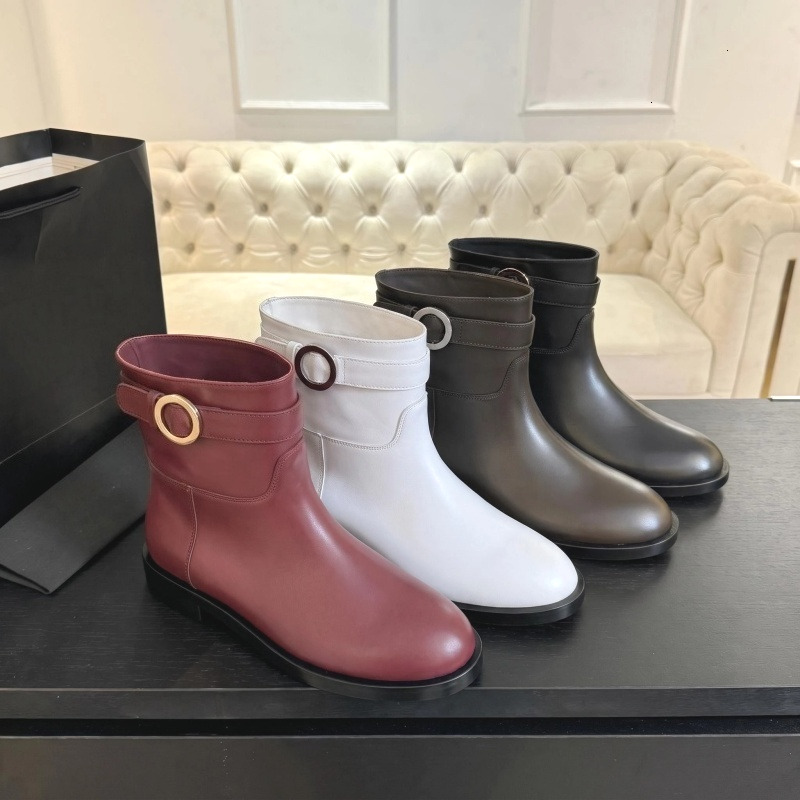 New Genuine Leather Ankle Boots Women Designer Flat Short Booties Metal Buckle Classic Casual Booties Knee High Boots Wide Shaft Tall Boots Suede Bo