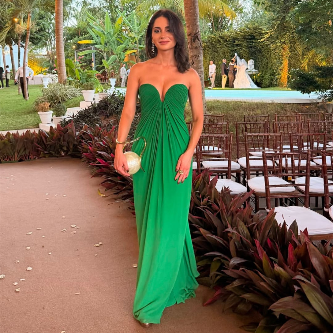 Elegant Long Sweetheart Evening Dresses Green A-Line Chiffon Lace Up Back Pleated Prom Dresses Floor Length Robe De Soiree Formal Party Gown for Wom