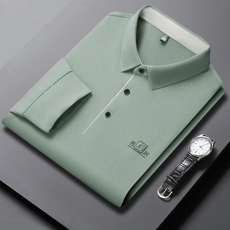 Men's Business Casual Long Sleeved Shirt with Badge Solid Color Polo Shirt Fashionable Breathable Comfortable Versatile Top 260920