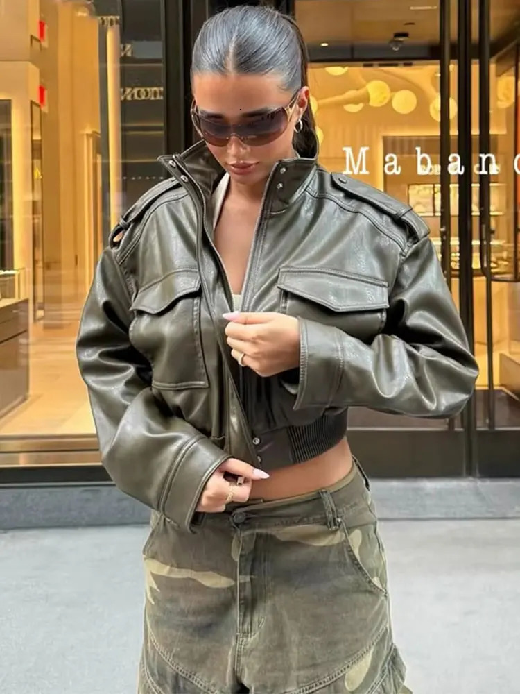 HH Women Faux Leather Cropped Jacket vintage Bomber Jackets With Pockets Long Sleeve Coats Zipper Overcoat For Woman 260910
