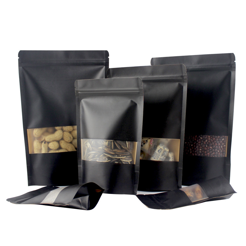 100 pièces Stand-up papier noir givré fenêtre Ziplock sac bricolage Logo refermable Matcha cacao viande café en poudre Snack noix cadeaux de mari