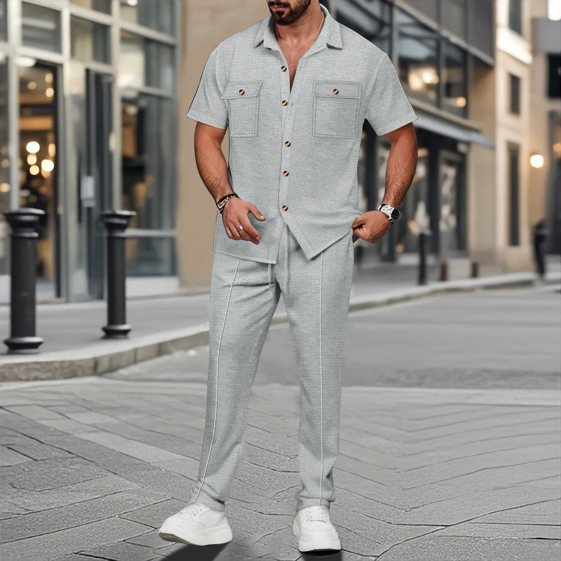 Men's Summer Solid-Color Casual Two-Piece Set with Lapel Buttons Double Pockets Short-Sleeved Shirt and Long Pants Comfortabl T260924