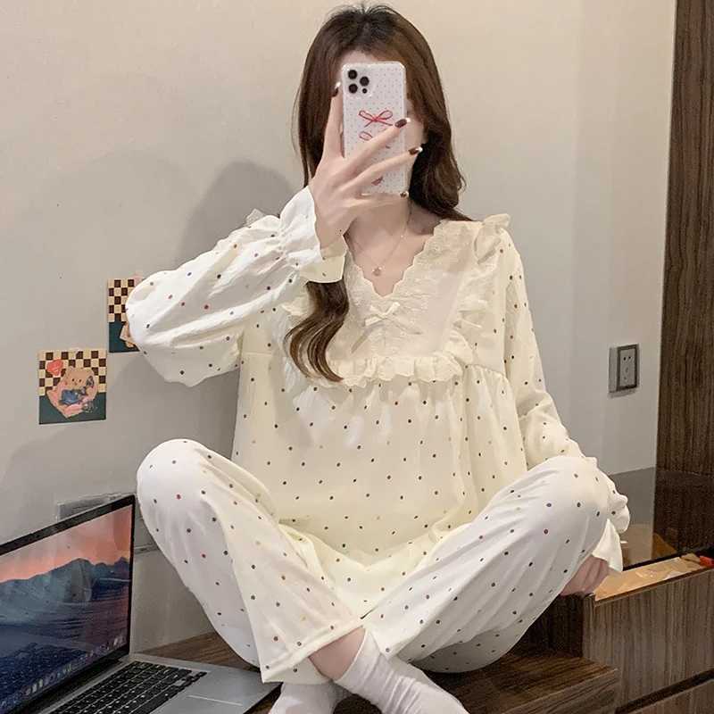 Women's Sleep Lounge Spring Autumn Colorful Polka Dot Print Women's Pajamas Set Simple Casual 2 Piece Pajamas Set V-neck Sleepwear Soft Ho