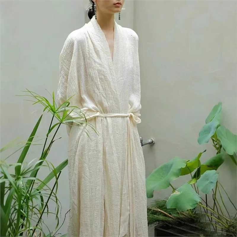 Sleep Lounge Women's Johnature Women Cotton Linen Bandage Dresses Solid Color V-Neck Long Sleeve Robes 2025 Autumn New Vintage Female DressC260