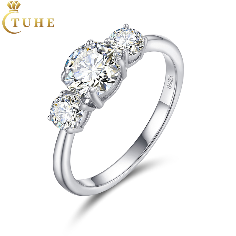 Engagement Jewlery Women 6.5mm White Gold Plated 925 Sterling Silver VVS Moissanite Diamond Three Stone Wedding Ring
