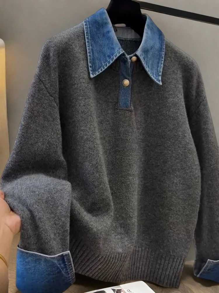 Women's Sweaters Korean Sle Splice Ne Knitted Sweater Women Early Spring Outerwear Fake Two-Piece Denim Detail Casual Commute Faion H260923