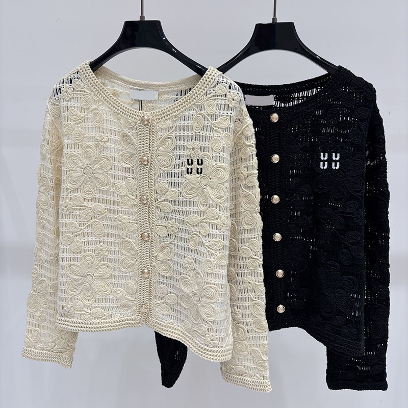 Women Chic Hollow Knit Cardigans Luxury Button Long Sleeve Sheer Cardigans Elegant Thin Breathable Knitwear for Women