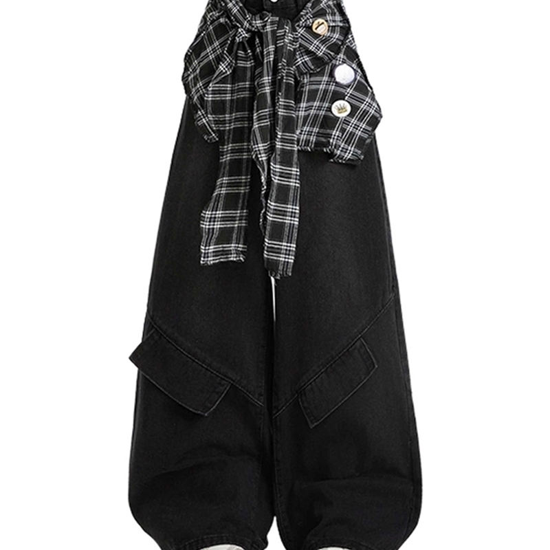 Women Black Gothic Y2k Oversize Cargo Jeans Pants with Wrap Skirt Harajuku Vintage Emo Japanese 2000s Style Baggy Denim Trousers 260921
