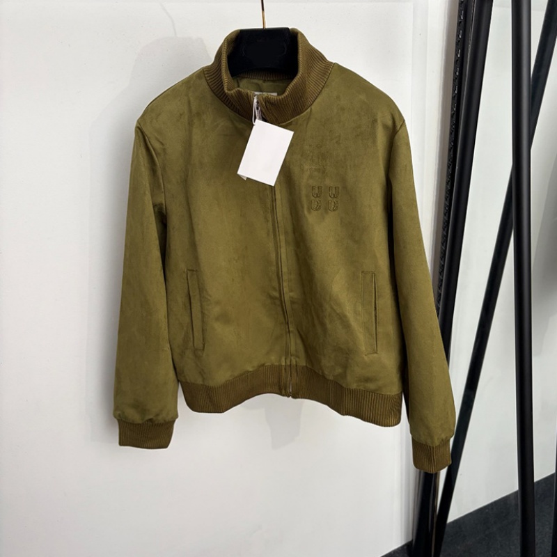 Women Fake Suede Bomber Jacket Brand Letter Patch Stand Collar Zipper Outerwear Street Style Retro Coat