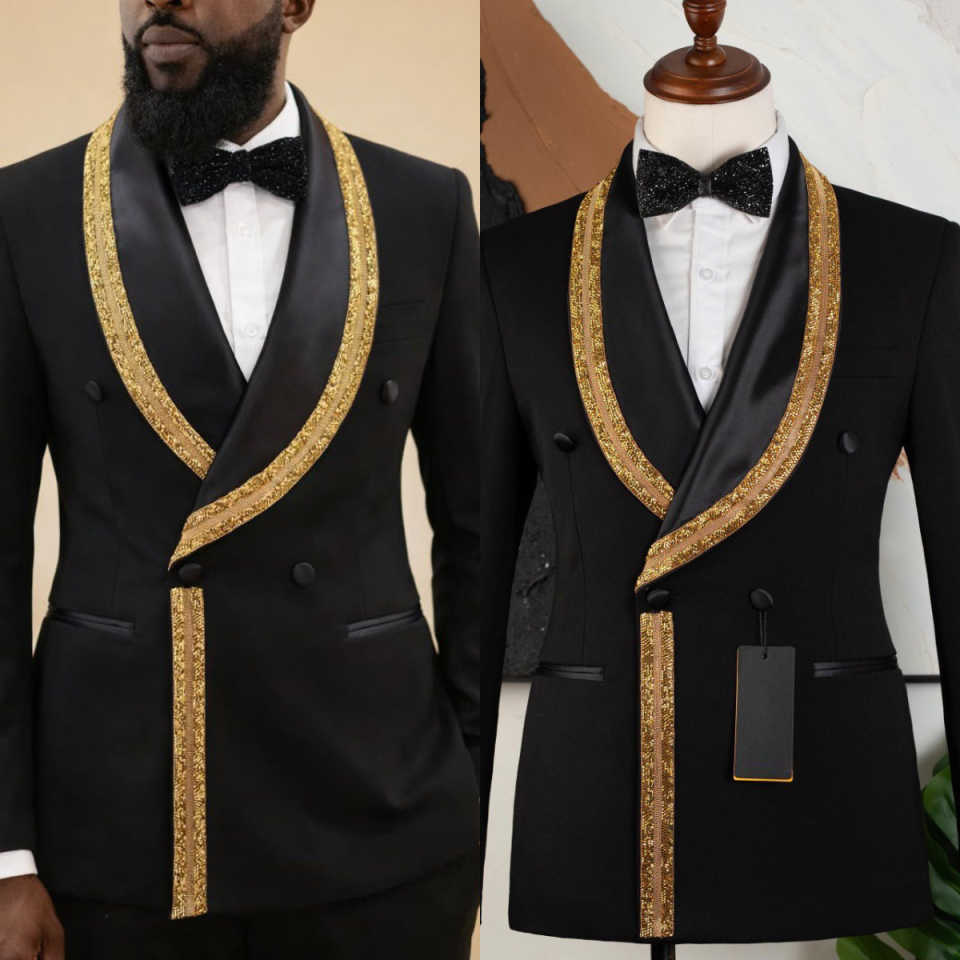 Elegant Mens Suits 2 Pieces Jacket Pants Shawl Lapel Double Breasted Sequin Formal Occasion Banquet Party Customized Chaqueta Hombre