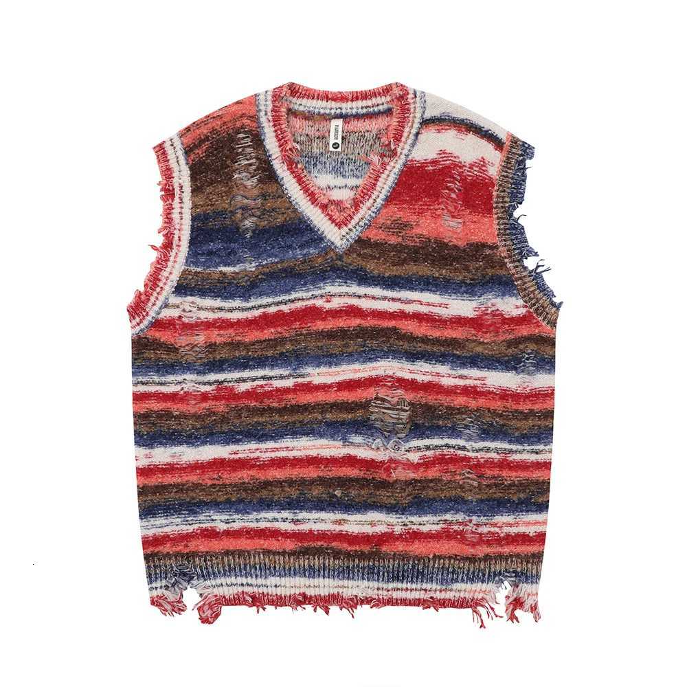 Sweaters Japanese Men's Vintage Striped Spliced V Neck Ripped Vest for Men Chaleco Hombre Baggy Y2K Casual Sleeveless Knitted Sweater Oversized