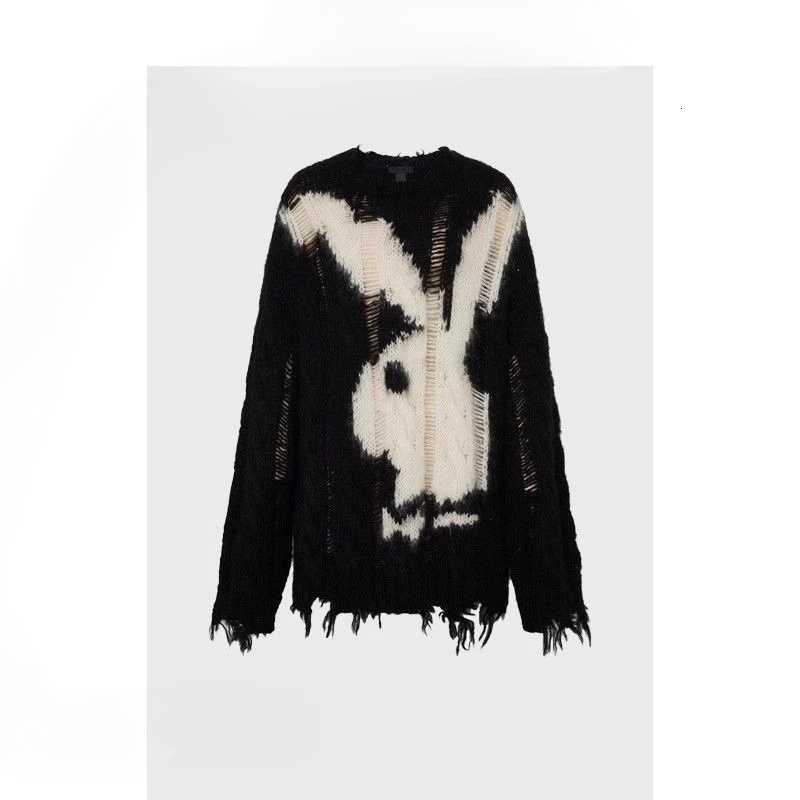 Juspinice Men's Sweaters Niche Jacquard Bunny Sweater Y2k Dark Culture Unisex Distressed Hem Pullover Slouchy Grunge Streetwear Fall Winter C26