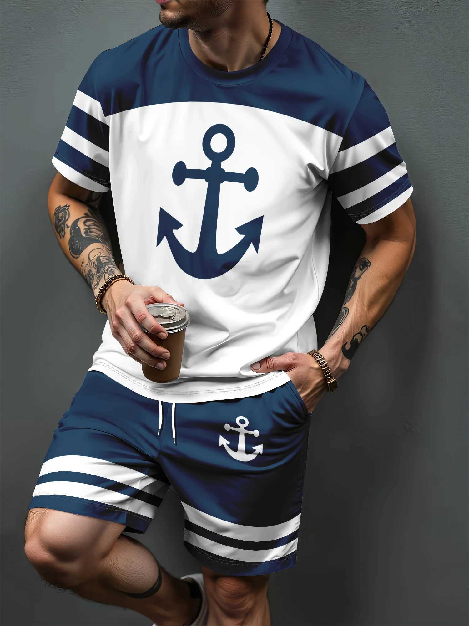 New Navy Anchor Print Men's Set Summer Outdoor T-Shirt Drawstring Shorts Two-Piece Set Casual Sportswear Plus Size Men's Set T260924