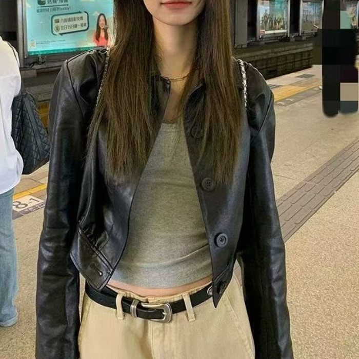 Vintage Short PU Leather Jacket Women's Casual Motorcycle Outerwear 2025 Autumn New Loose Versatile Korean Style