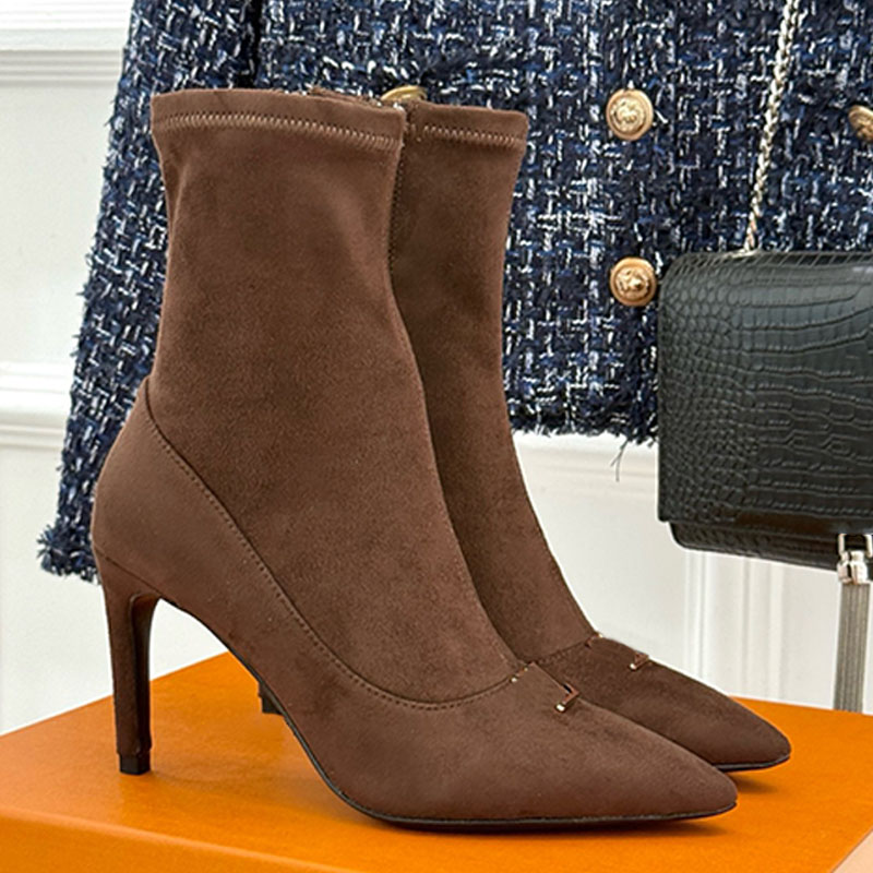 Womens Suede baby goat leather Gala Ankle Boots Brown velvet soft texture banquet Stretch Fabric slim fit boots Gold toned metal Decoration fine mid