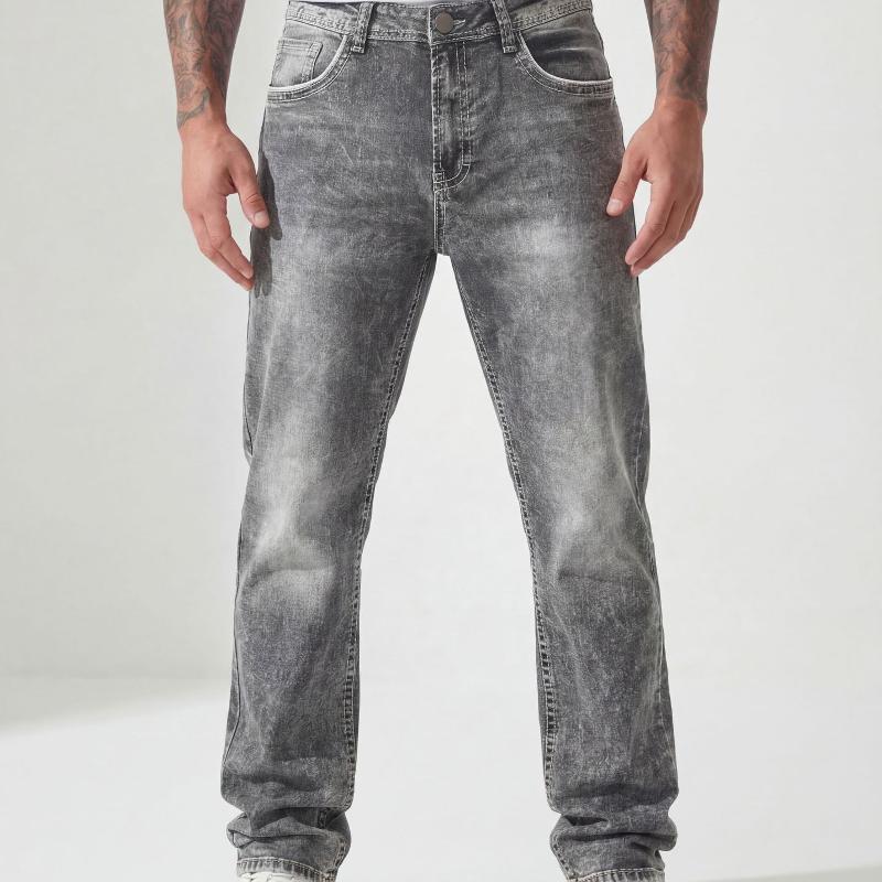 Men Vintage Grey Washed Bootcut Jeans Mid Waist Faded Distressed Denim Pants Classic Button Fly Stretch Slim Flared Leg Denim Trousers Pockets Mens