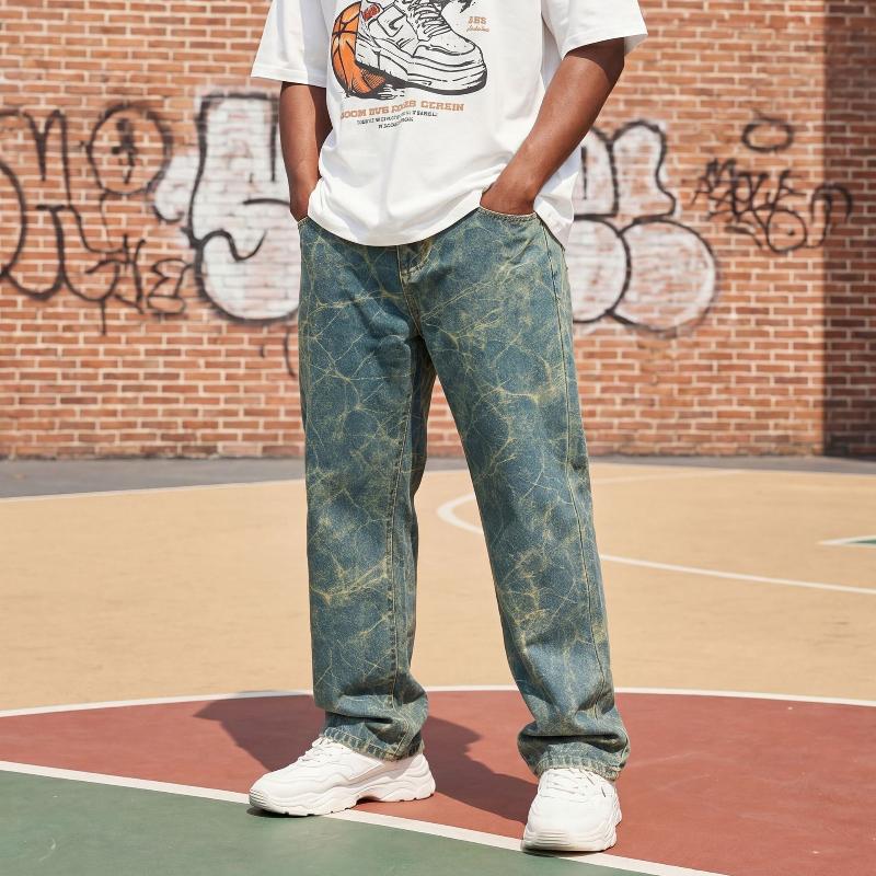 Jeans da uomo larghi in denim dritto Pantaloni vintage hip-hop da strada con stampa in texture unica, lavaggio in marmo screpolato, vita media