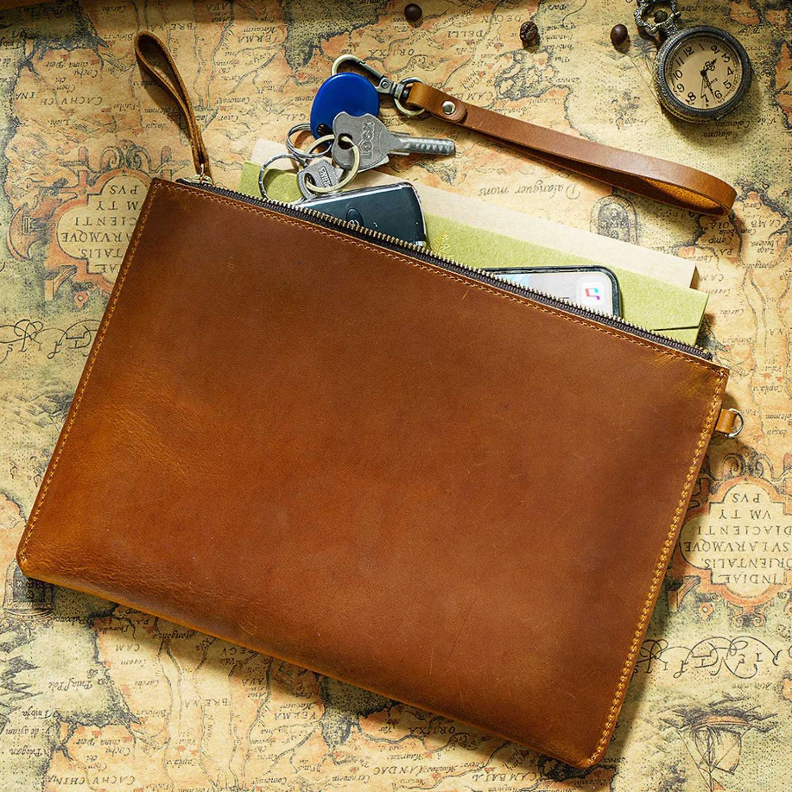 Briefcases Genuine Leather Vintage Document Organizer Pouch with Zipper Slim File Papers Holder for IPad Mini Smartphone Travel Office H260923