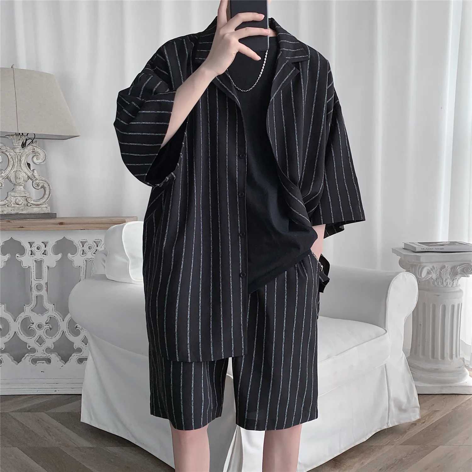 Korean Style Men's Tracksuit Jacket and Shorts 2 Pcs Set Summer Stripe Male Sports Suit Oversized Clothing Suit Lightweight 5XL T260924