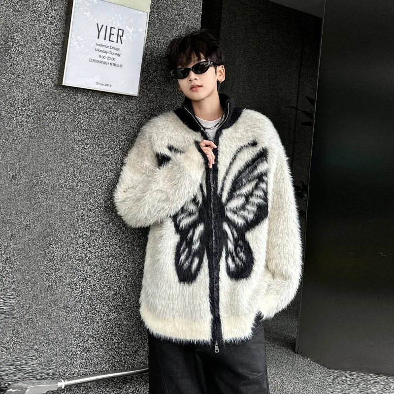 Autumn Winter Plush Warm Cardigan Men Butterfly Printing Sweaters Full Zip Jackets y Loose Lazy Knitted Sweater Coat 260918