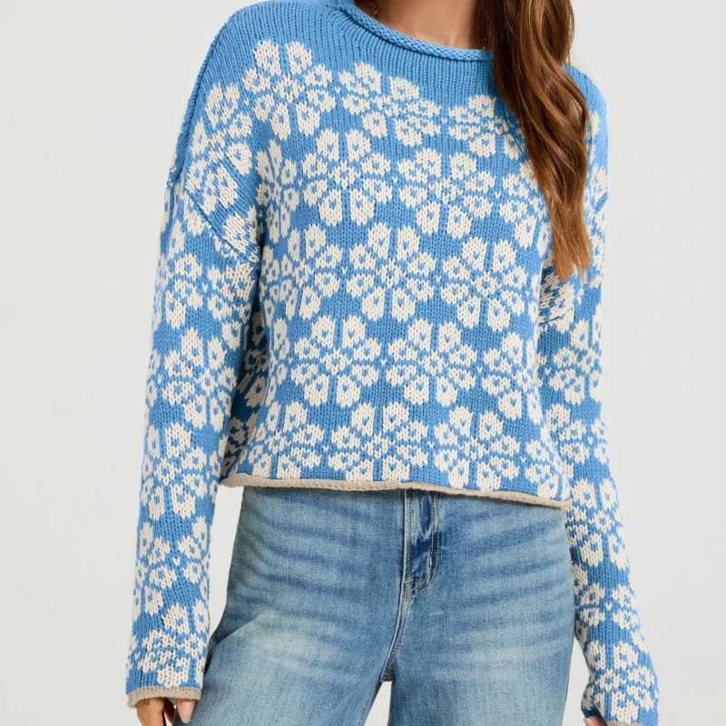 Women's Sweaters New in Printed Cute Snowflake Knit Soft Pullover Sweater with Rolled Edge Round Neck Loose Long Sleeved Women's Autumn Sw
