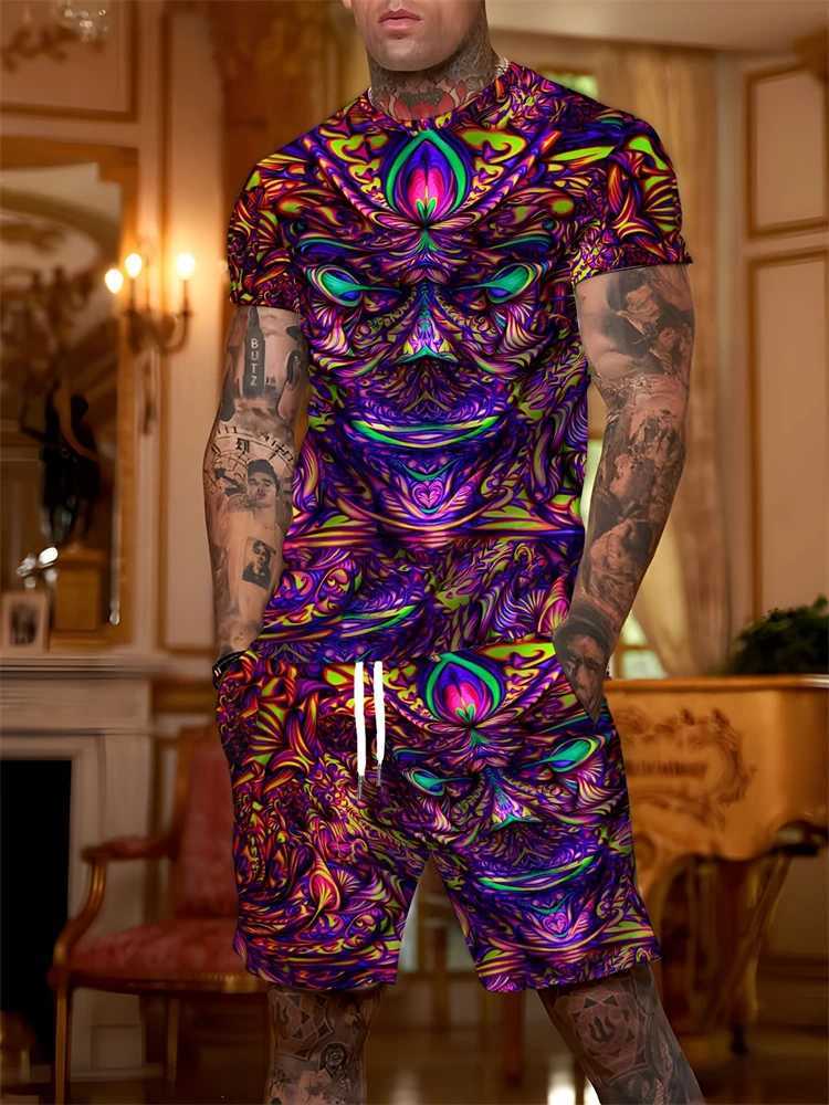 New Summer Men's Two Piece Hip Hop Print Round Neck T Shirt Casual Fashion Style Suit Breathable Short Sleeve Shorts T260924