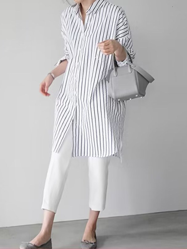 Spring Summer New Style Women's Long Sleeve Shirt Midi Length Striped White Fashion Korean Version Artistic Open Cardigan Top