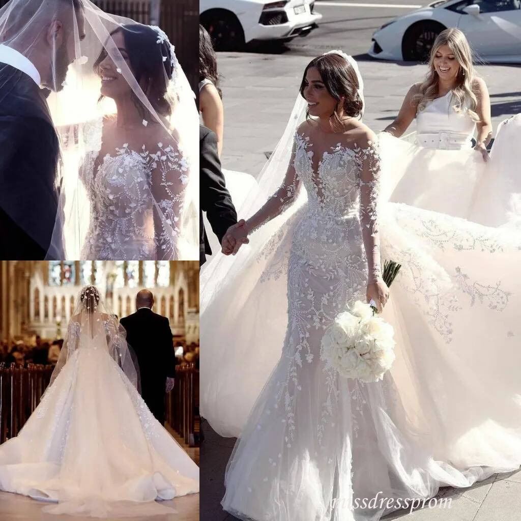 Amazing Beaded Mermaid Wedding Dresses With Detachable Train Sheer Bateau Neck Sequined Bridal Gowns Long Sleeves Tulle robe de mariee