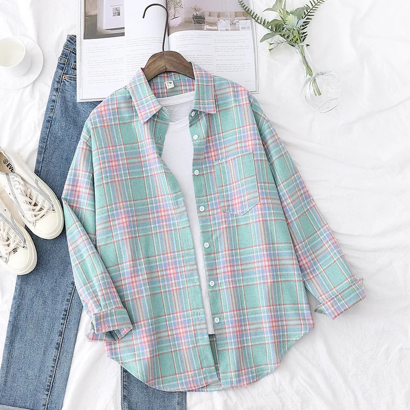 Casual Women's Plaid Shirt Spring Autumn Ladies Loose Blouse and Tops Female Long Sleeve Shirts Fresh Checked Clothes 260921